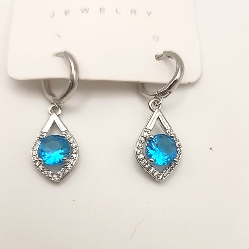 Elegant Silver and Blue Drop Huggie Earrings